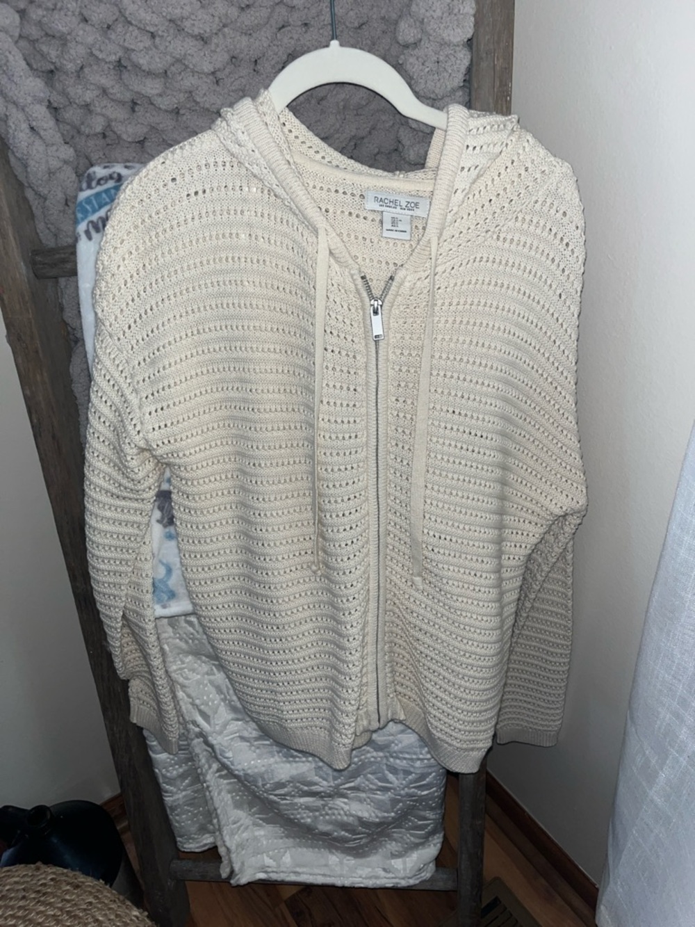 Rachel Zoe Cream Open-Knit Hooded Zip Cardigan